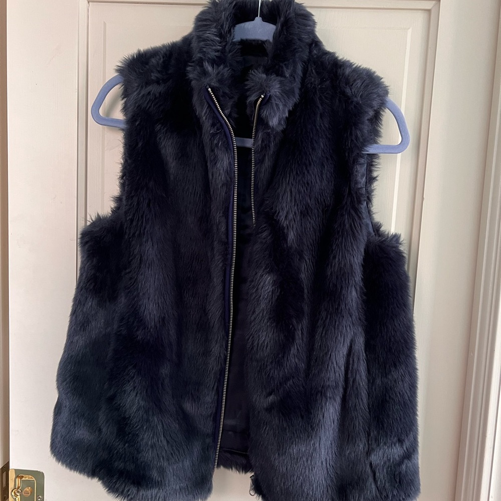 JCrew Navy fur vest with satin lining. Pockets.